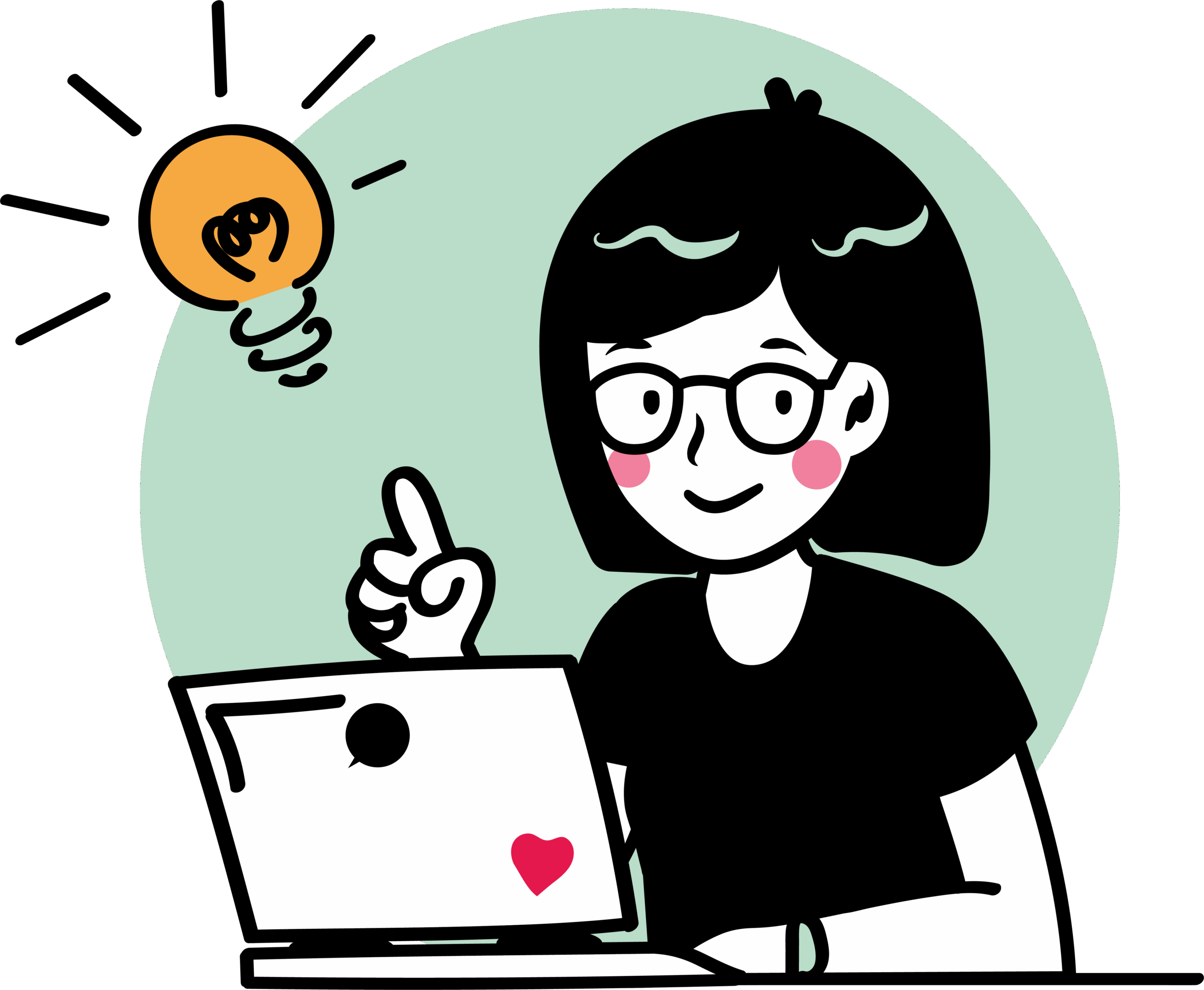 Figur sitzt am Laptop und hebt den Finger. Über dem Kopf der Figur schwebt eine Glühbirne.